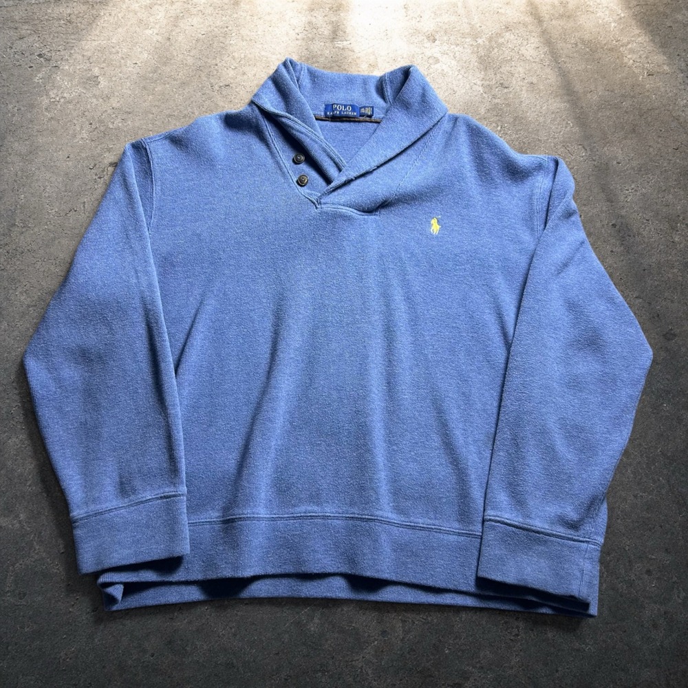 Polo Ralph Lauren Shawl Collar Pullover Sweatshirt Blue XXL Retro Baggy 90s